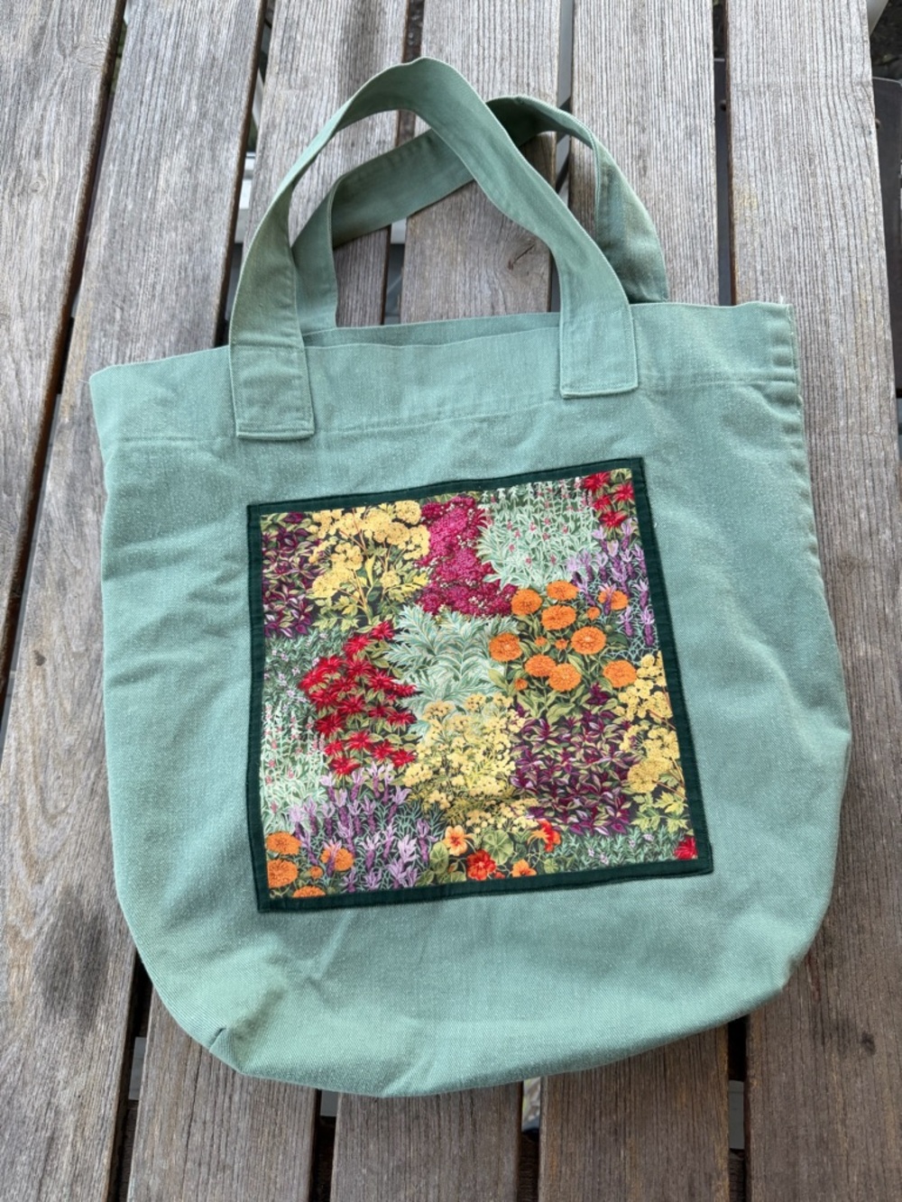 Handmade Green Floral Patch Canvas Tote Bag
